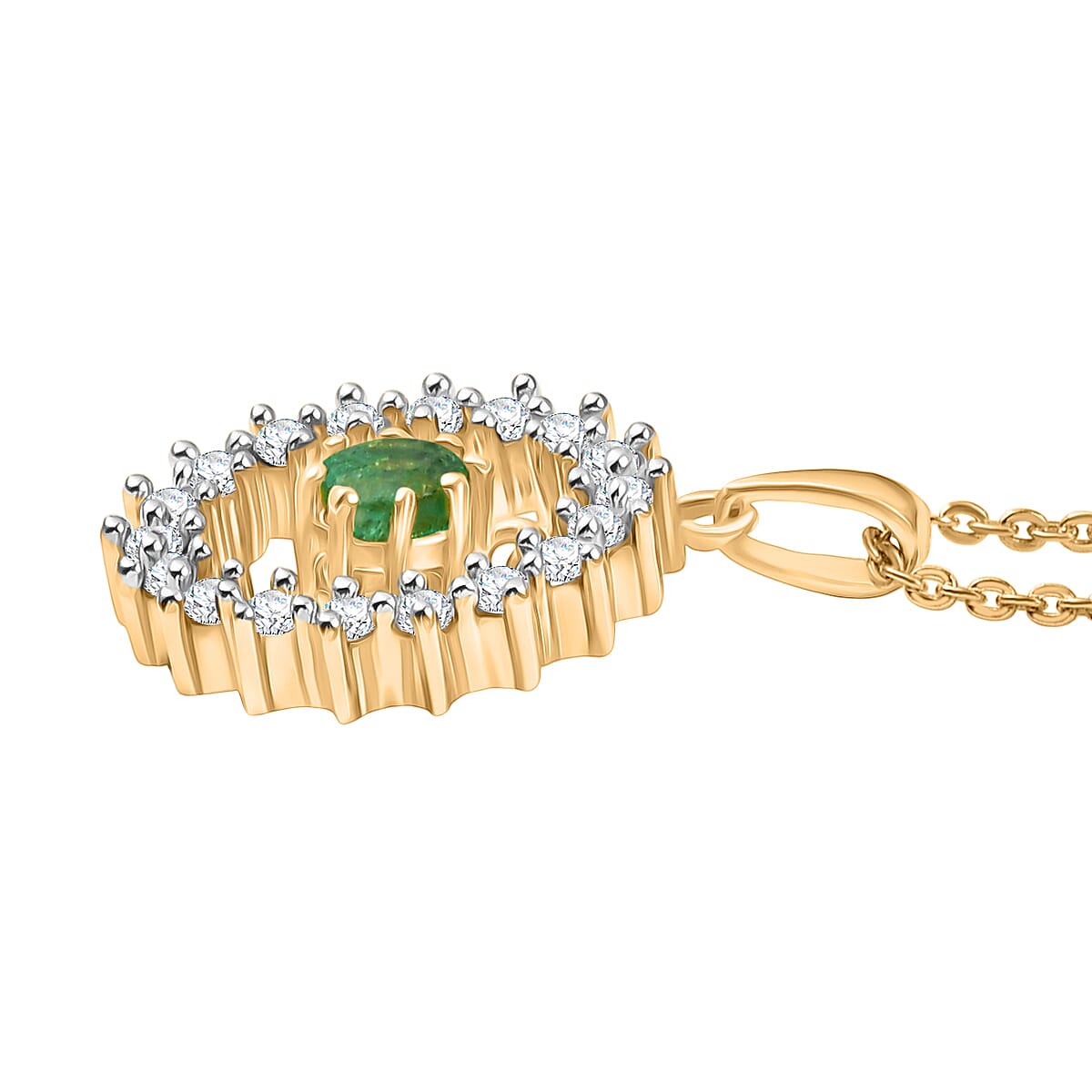 Colombian Emerald, White Zircon Circle Drop Pendant with Chain (Size 20) in 18K Vermeil Yellow Gold Plated Sterling Silver 4375324 4