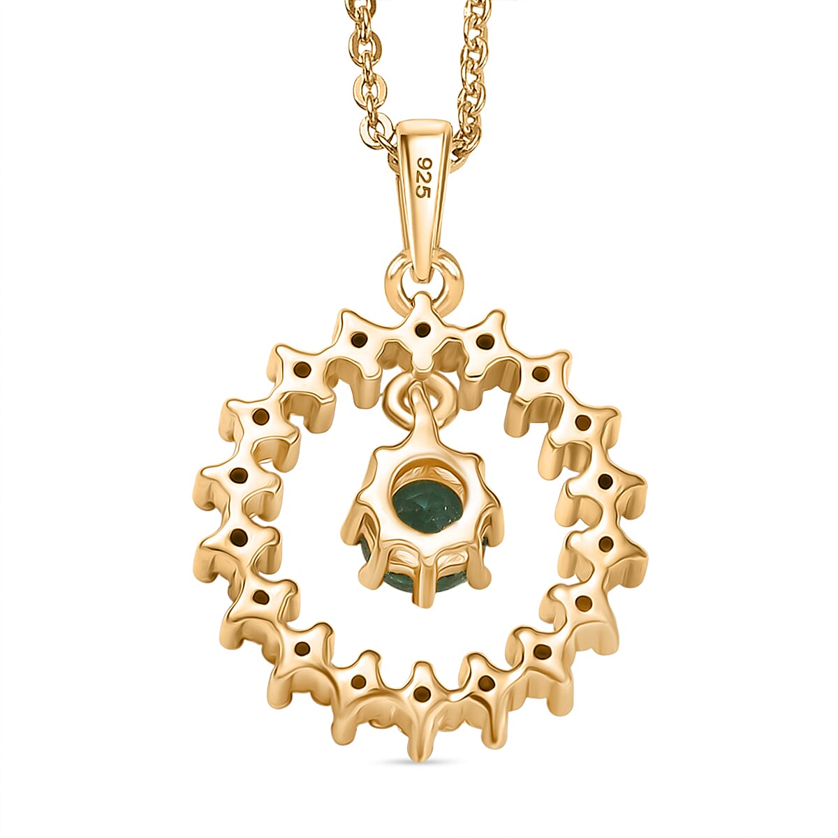 Colombian Emerald, White Zircon Circle Drop Pendant with Chain (Size 20) in 18K Vermeil Yellow Gold Plated Sterling Silver 4375324 5