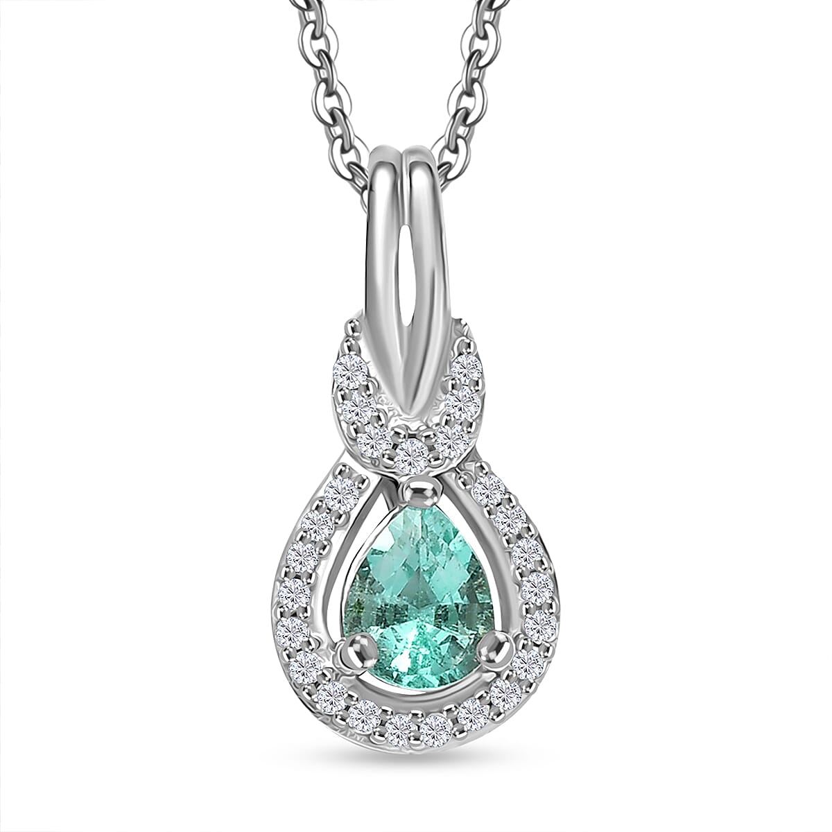 Colombian Emerald &amp; White Zircon Pendant with Chain (Size 20) in Rhodium Overlay Sterling Silver 4375347 0