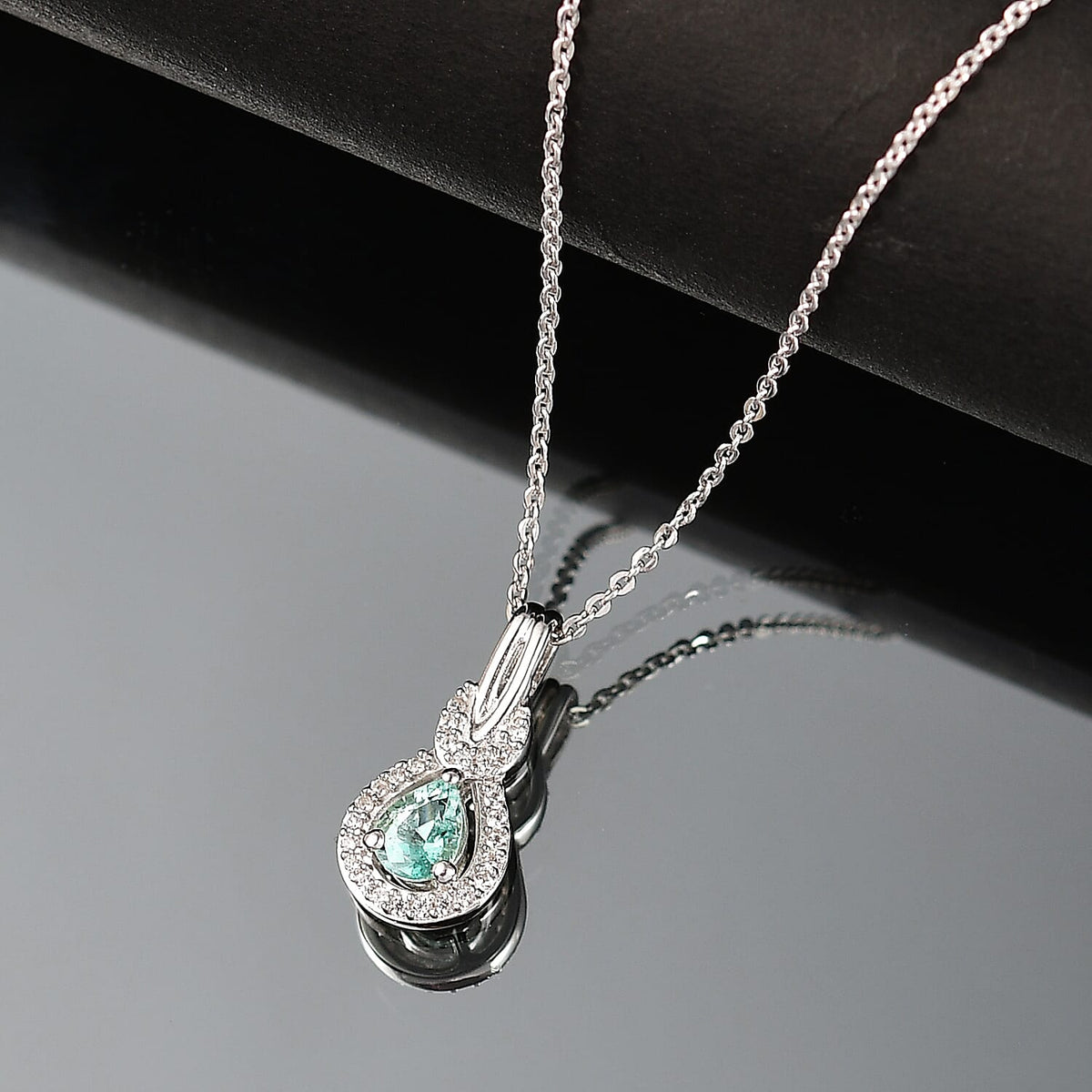 Colombian Emerald &amp; White Zircon Pendant with Chain (Size 20) in Rhodium Overlay Sterling Silver 4375347 2