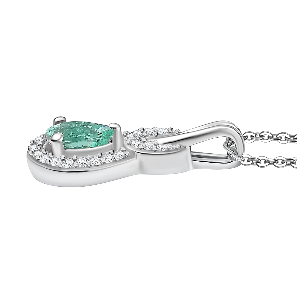 Colombian Emerald &amp; White Zircon Pendant with Chain (Size 20) in Rhodium Overlay Sterling Silver 4375347 3