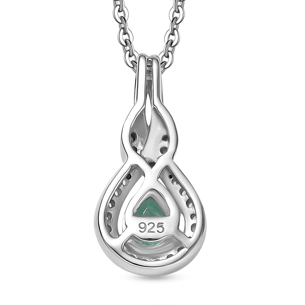 Colombian Emerald & White Zircon Pendant with Chain (Size 20) in Rhodium Overlay Sterling Silver
