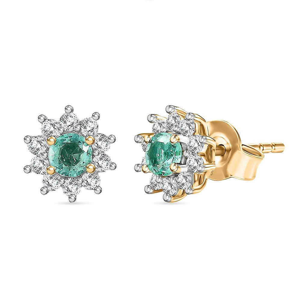 Colombian Emerald, White Zircon Solitaire Stud Push Post Earring in 18K YG Vermeil Sterling Silver 1 ct