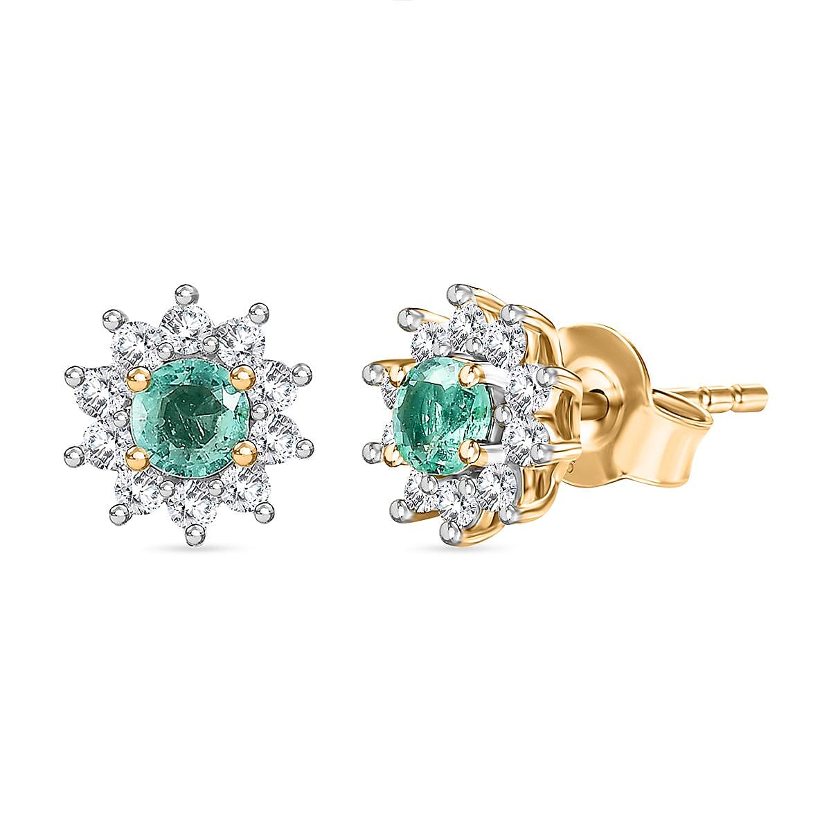 Colombian Emerald, White Zircon Halo Push Post Earring in 18K Yellow Gold Vermeil Plated Sterling Silver 7891962 0