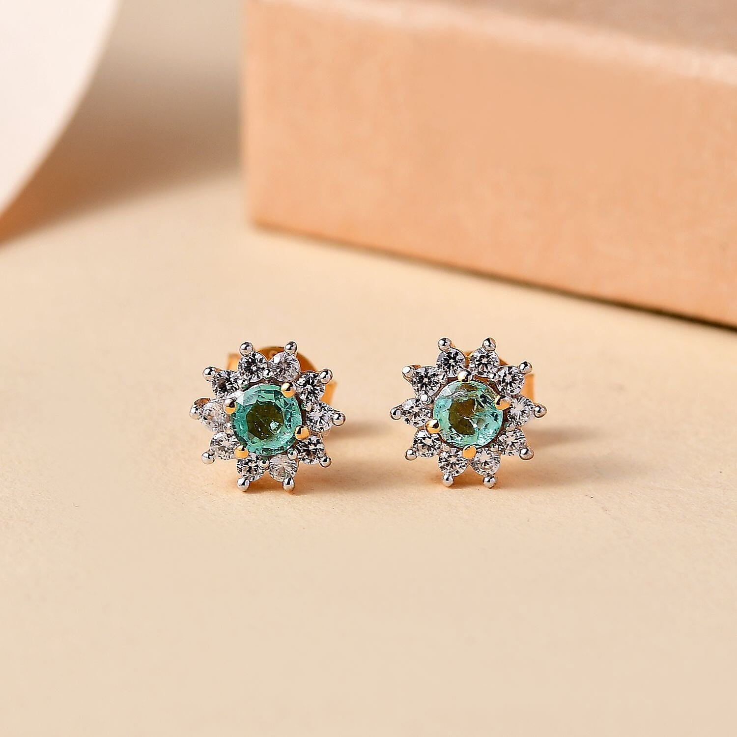 Colombian Emerald, White Zircon Halo Push Post Earring in 18K Yellow Gold Vermeil Plated Sterling Silver 7891962 1