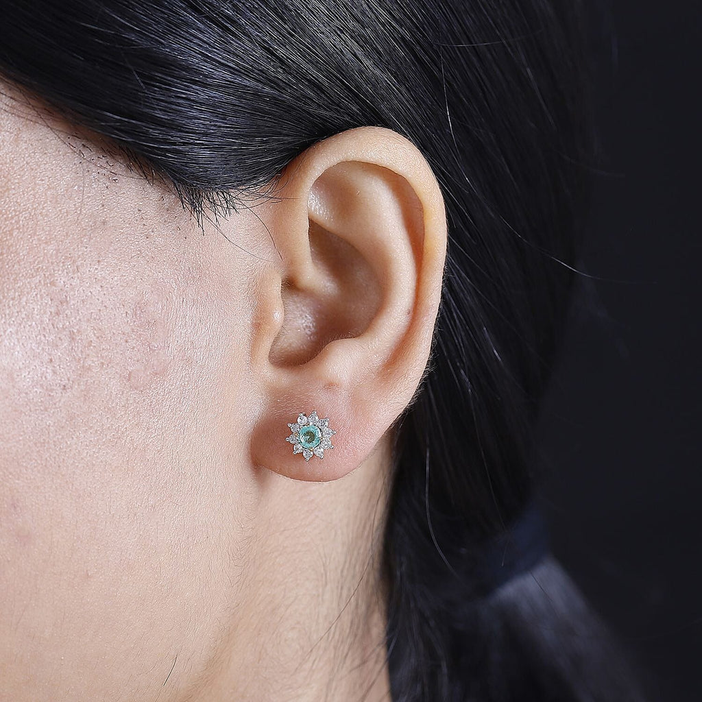 Colombian Emerald, White Zircon Solitaire Stud Push Post Earring in 18K YG Vermeil Sterling Silver 1 ct