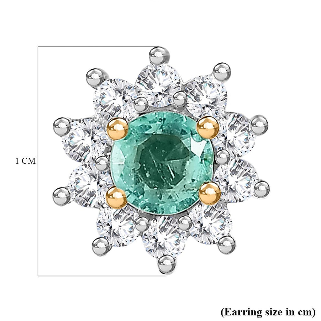 Colombian Emerald, White Zircon Solitaire Stud Push Post Earring in 18K YG Vermeil Sterling Silver 1 ct