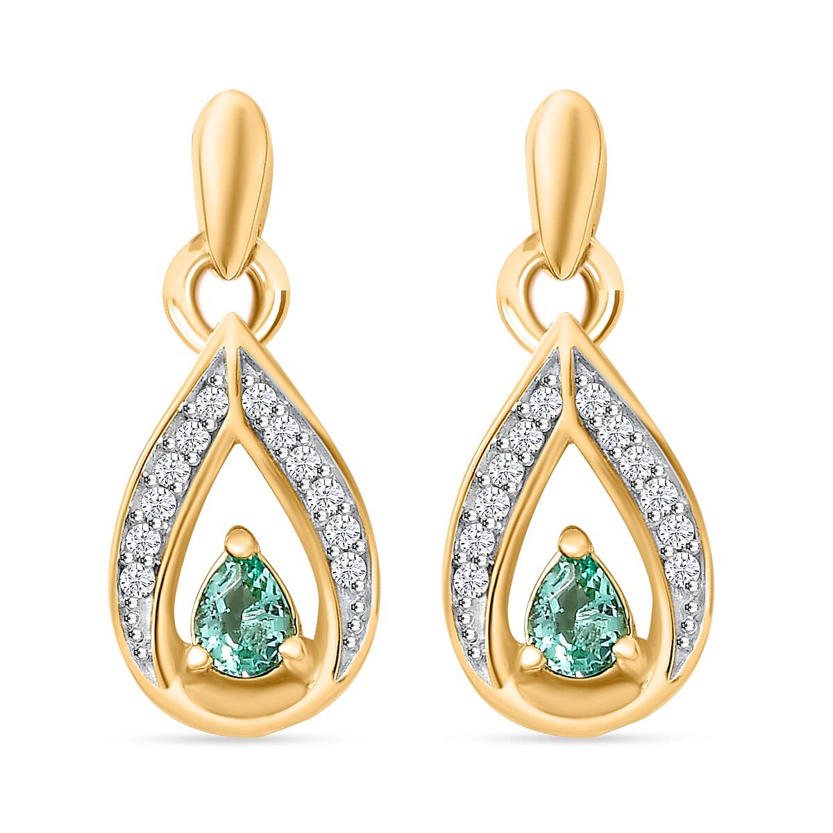 Colombian Emerald, White Zircon Drop Earrings in 18K Yellow Gold Vermeil Plated Sterling Silver 7895619 0
