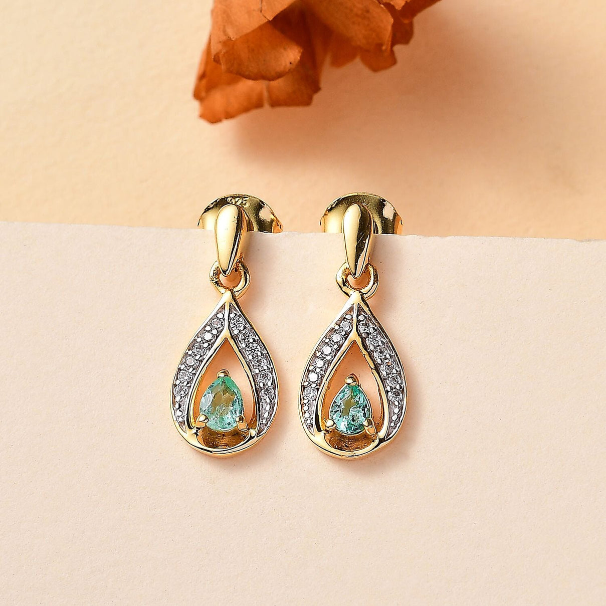 Colombian Emerald, White Zircon Drop Earrings in 18K Yellow Gold Vermeil Plated Sterling Silver 7895619 1