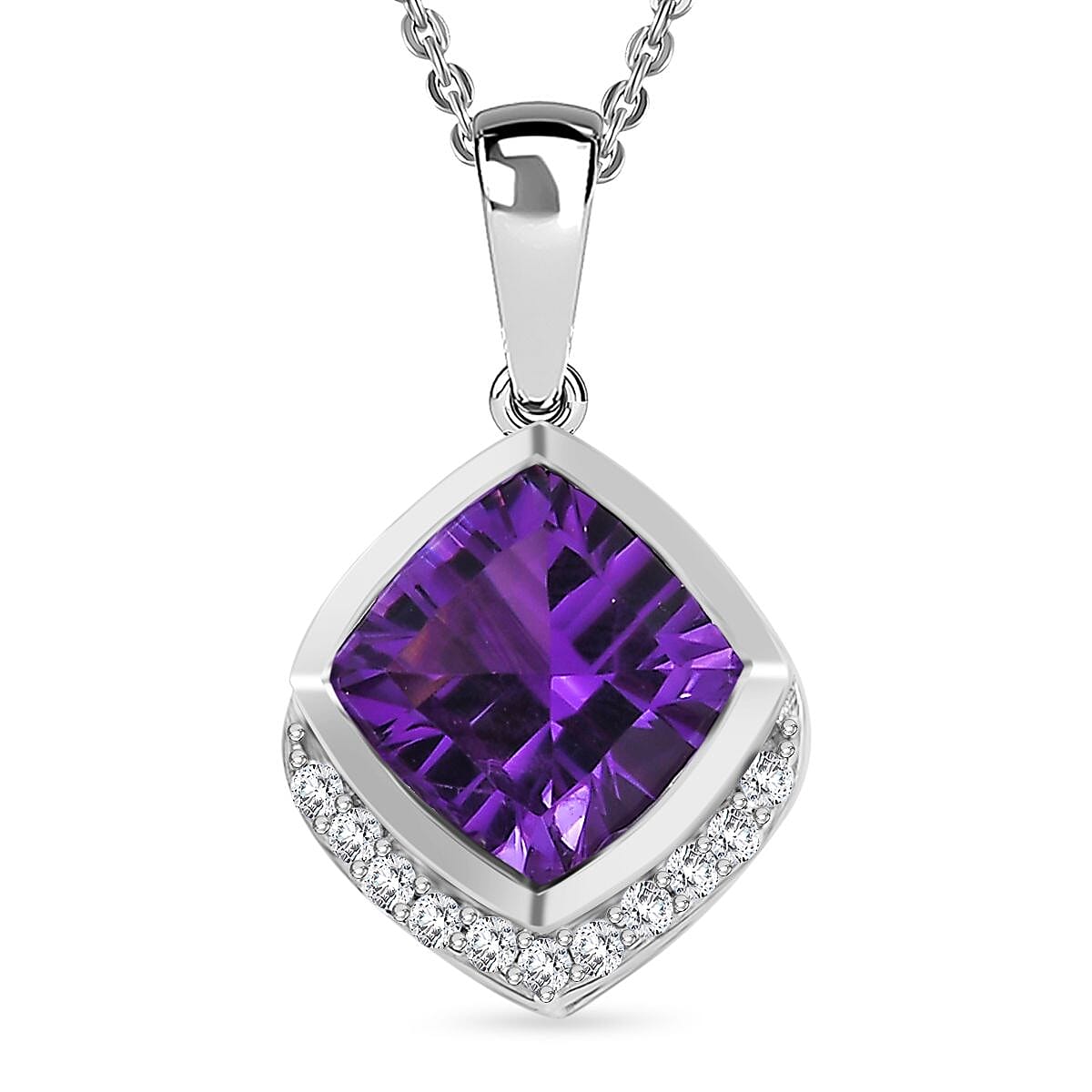 Concave Cut Zambian Amethyst and White Zircon Pendant with Chain (Size 20) in Rhodium Overlay Sterling Silver 4307113 2