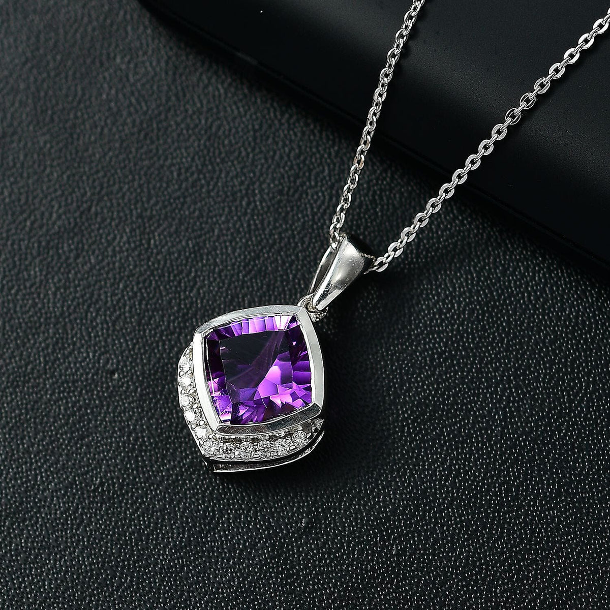 Concave Cut Zambian Amethyst and White Zircon Pendant with Chain (Size 20) in Rhodium Overlay Sterling Silver 4307113 4