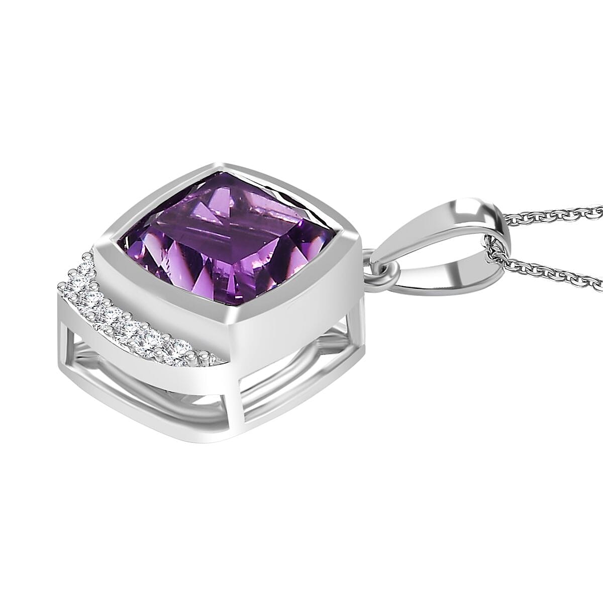 Concave Cut Zambian Amethyst and White Zircon Pendant with Chain (Size 20) in Rhodium Overlay Sterling Silver 4307113 8