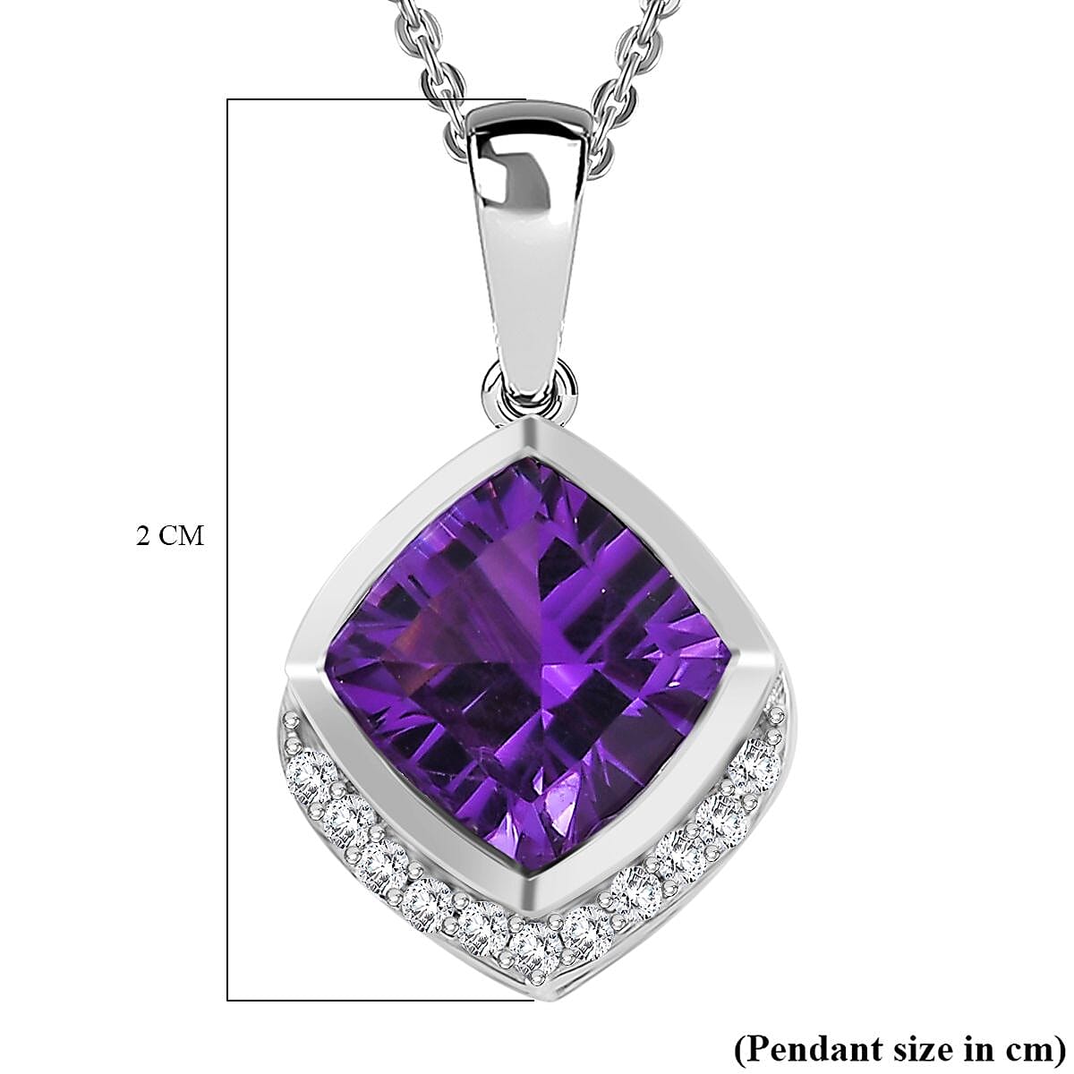Concave Cut Zambian Amethyst and White Zircon Pendant with Chain (Size 20) in Rhodium Overlay Sterling Silver 4307113 12