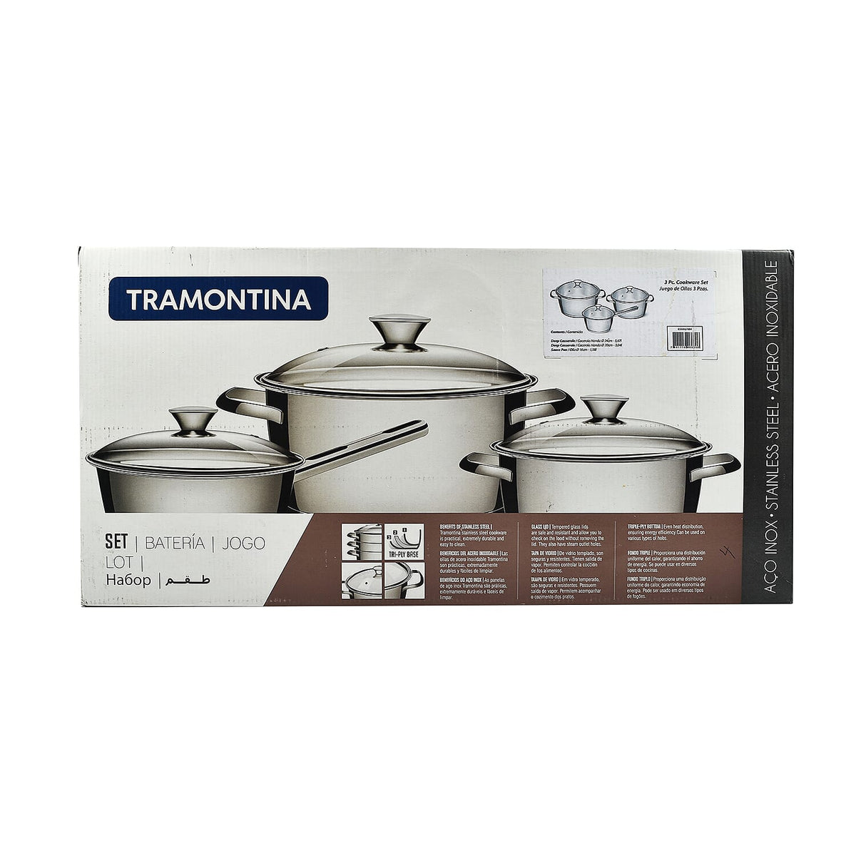 Tramontina Cookware Set - 2 Casserole Pots 20 &amp; 24cm And Saucepan 16cm - Triple Layer Base - All Hob types - Silver 7614747 14
