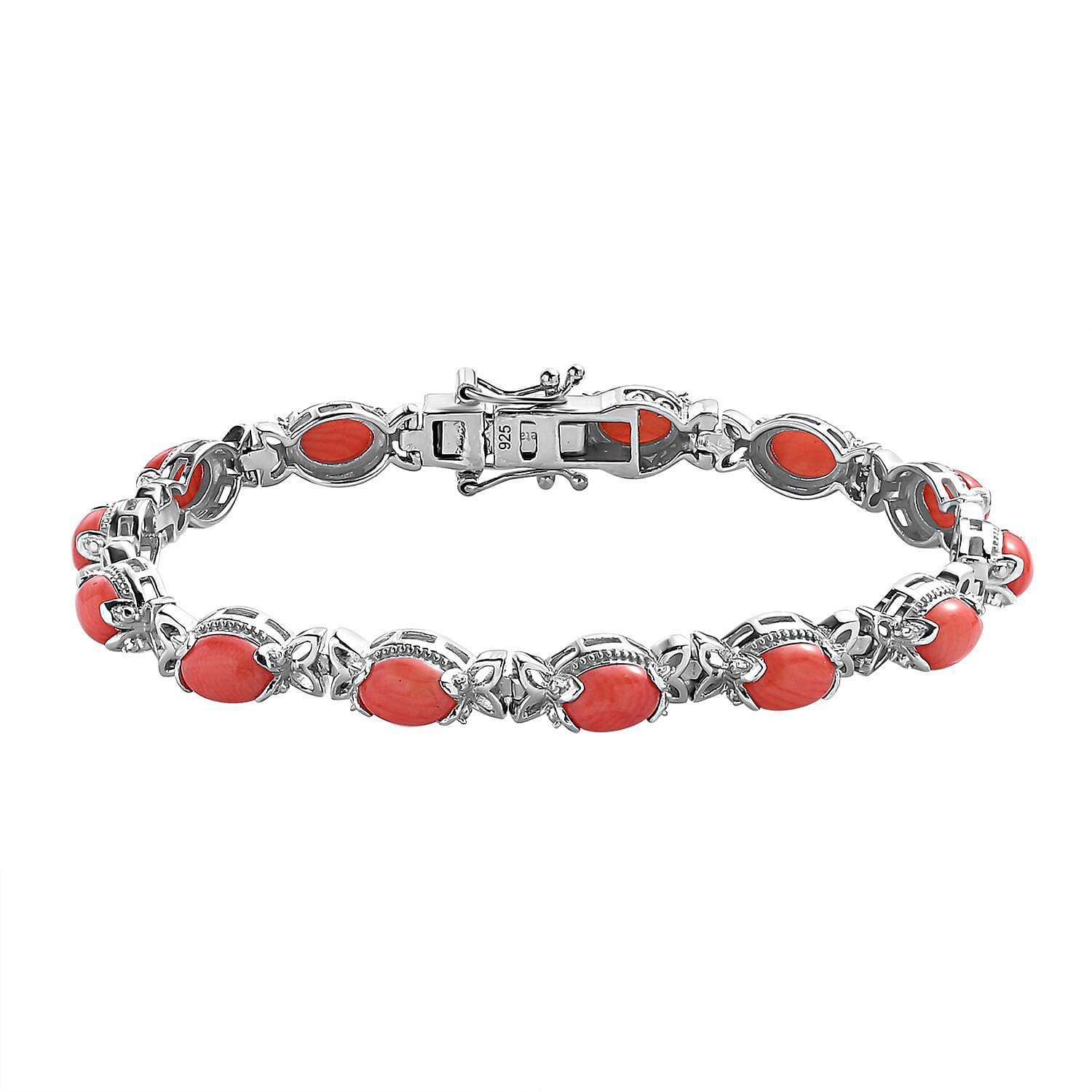 The Natural Mediterranean Coral Bracelet (Size - 7) with GB Lock Box in Platinum Overlay Sterling Silver 8.45 Ct, Silver Wt. 13.33 Gms 7743655 0