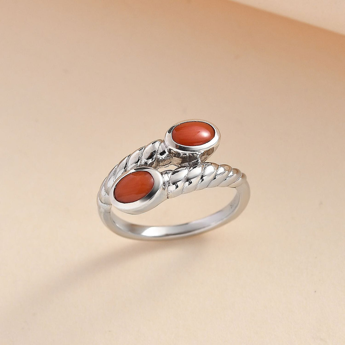 Natural Mediterranean Coral Bypass Ring in Platinum Overlay Sterling Silver 7746184 1