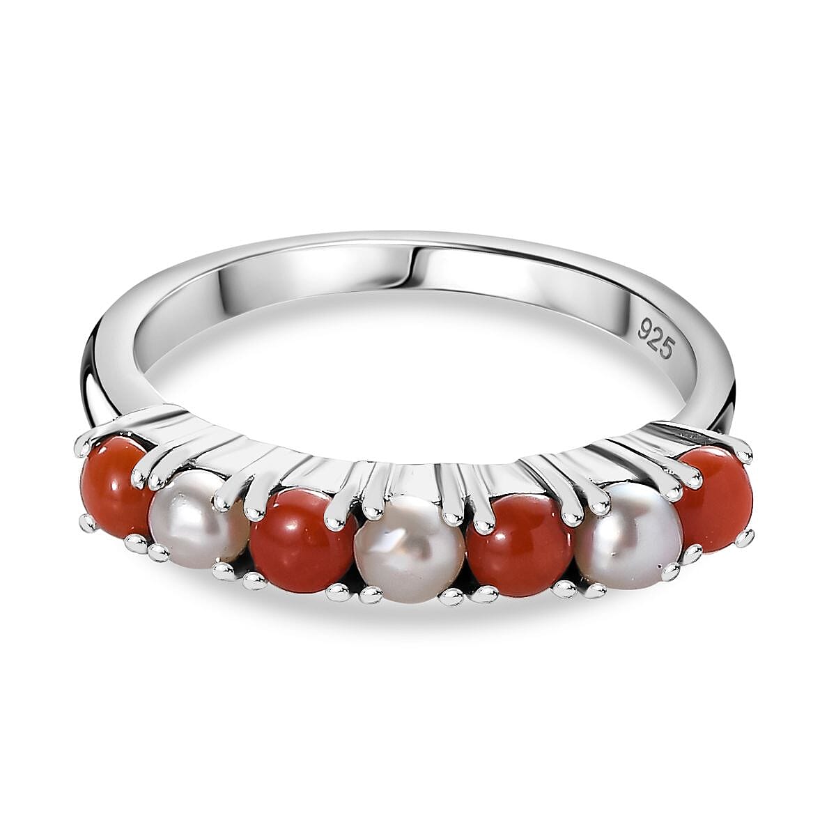 Natural Mediterranean Coral &amp; Fresh Water Pearl Band Ring in Platinum Overlay Sterling Silver 1.04 Ct 7795720 0