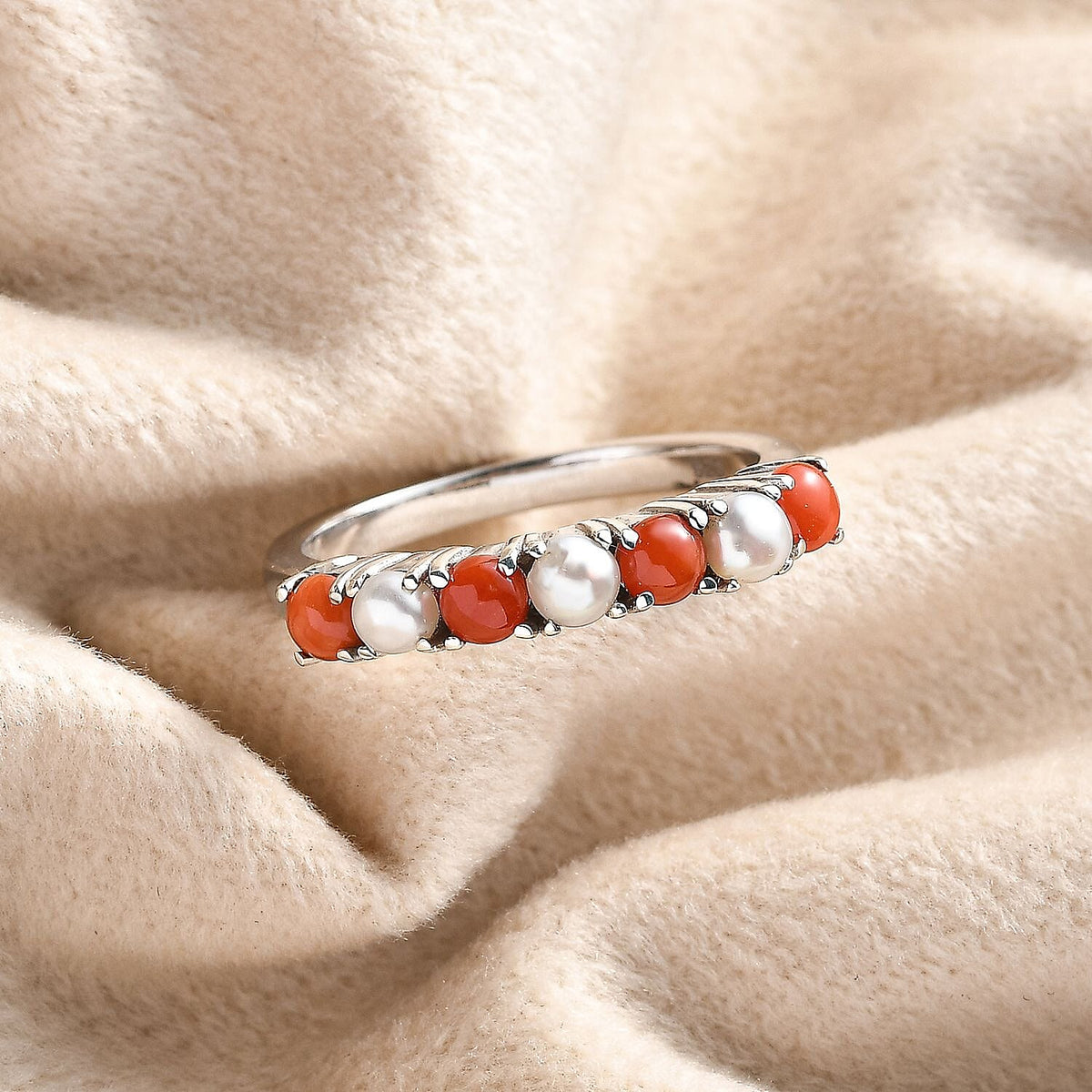 Natural Mediterranean Coral &amp; Fresh Water Pearl Band Ring in Platinum Overlay Sterling Silver 1.04 Ct 7795720 1