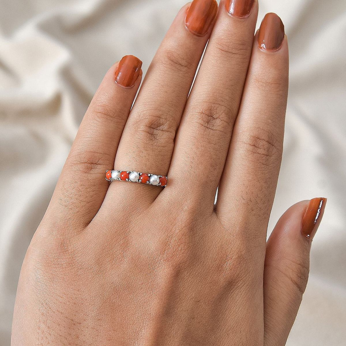 Natural Mediterranean Coral &amp; Fresh Water Pearl Band Ring in Platinum Overlay Sterling Silver 1.04 Ct 7795720 2