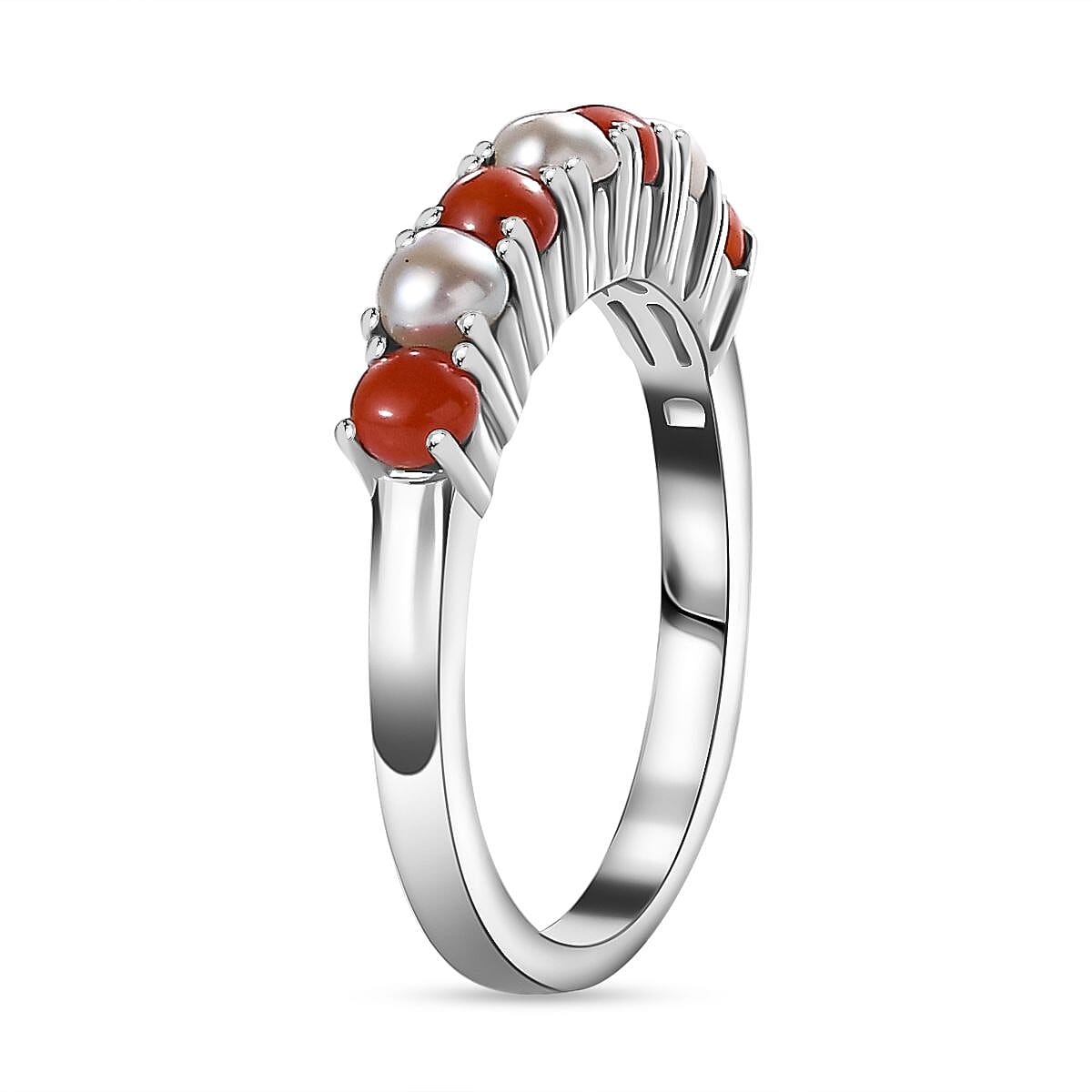 Natural Mediterranean Coral &amp; Fresh Water Pearl Band Ring in Platinum Overlay Sterling Silver 1.04 Ct 7795720 3