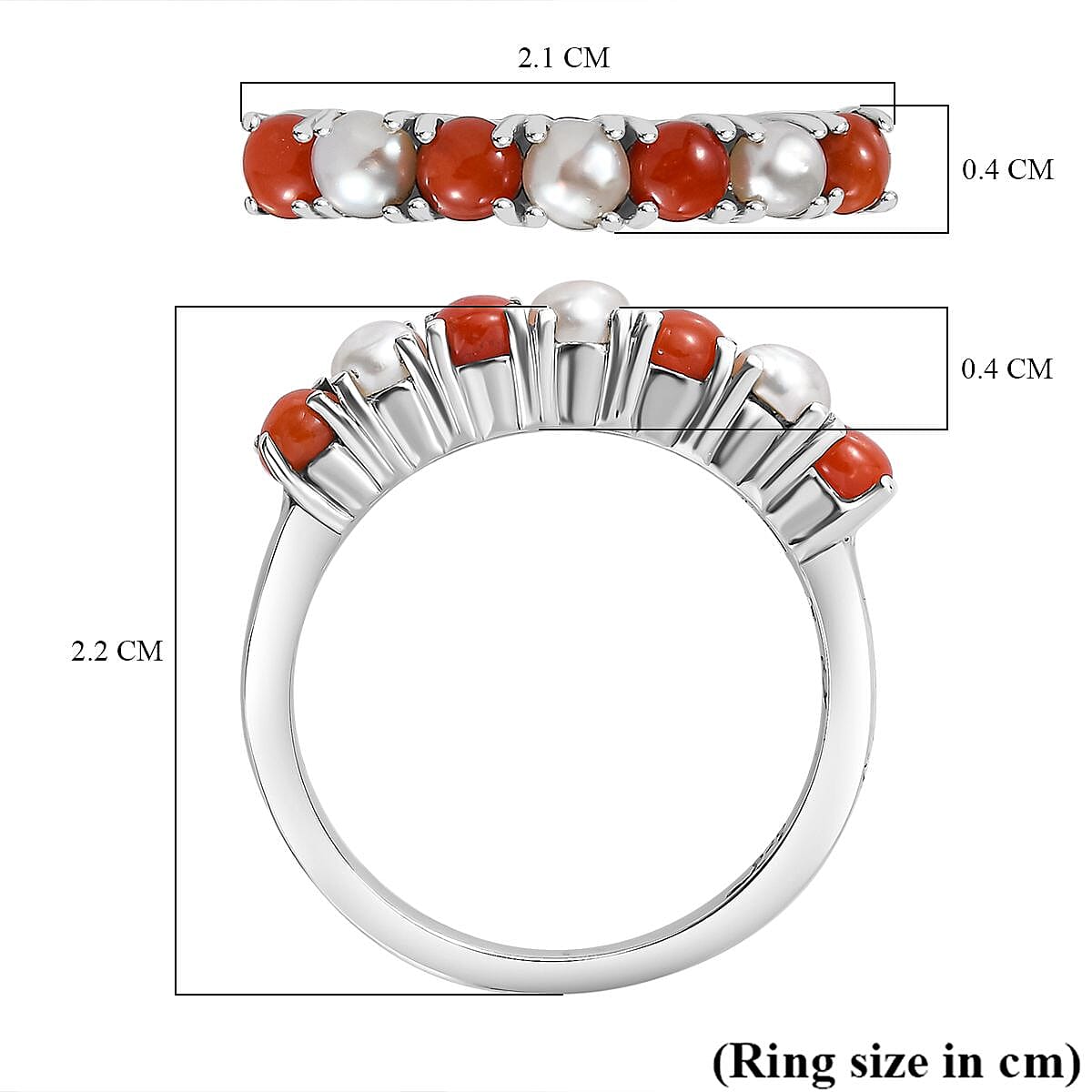 Natural Mediterranean Coral &amp; Fresh Water Pearl Band Ring in Platinum Overlay Sterling Silver 1.04 Ct 7795720 5