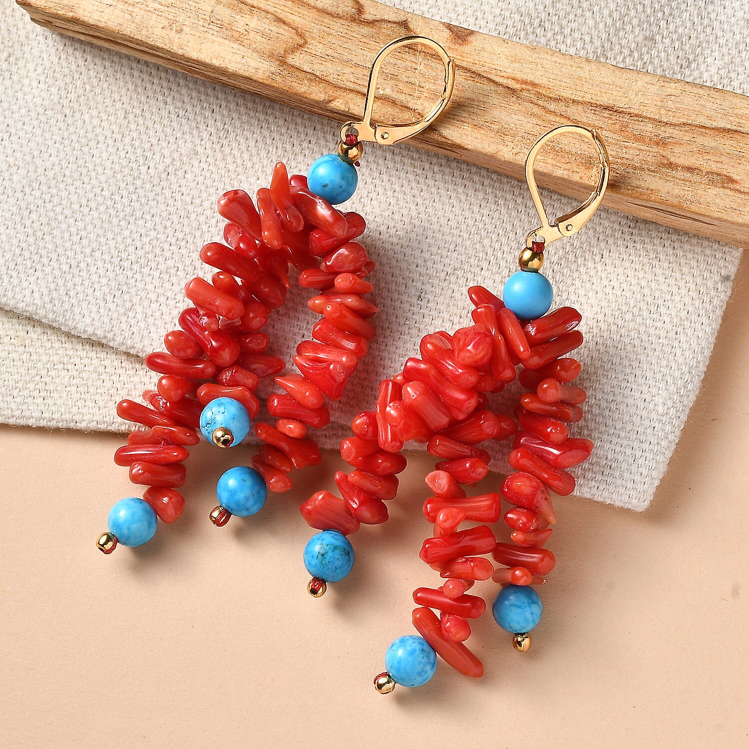 Coral &amp; Magnesite Earring in Yellow Gold Plated 80.00 Ct. 8266589 2