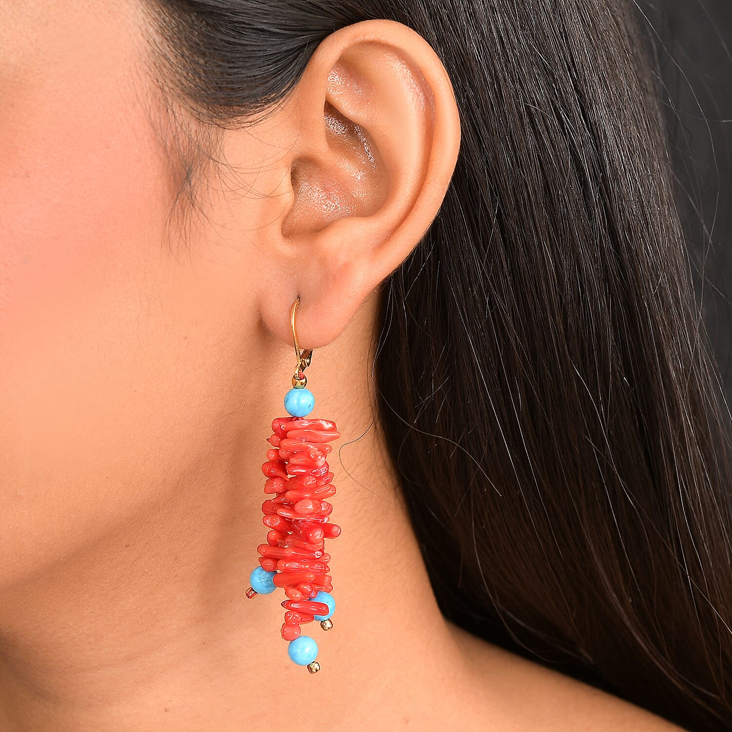 Coral &amp; Magnesite Earring in Yellow Gold Plated 80.00 Ct. 8266589 3