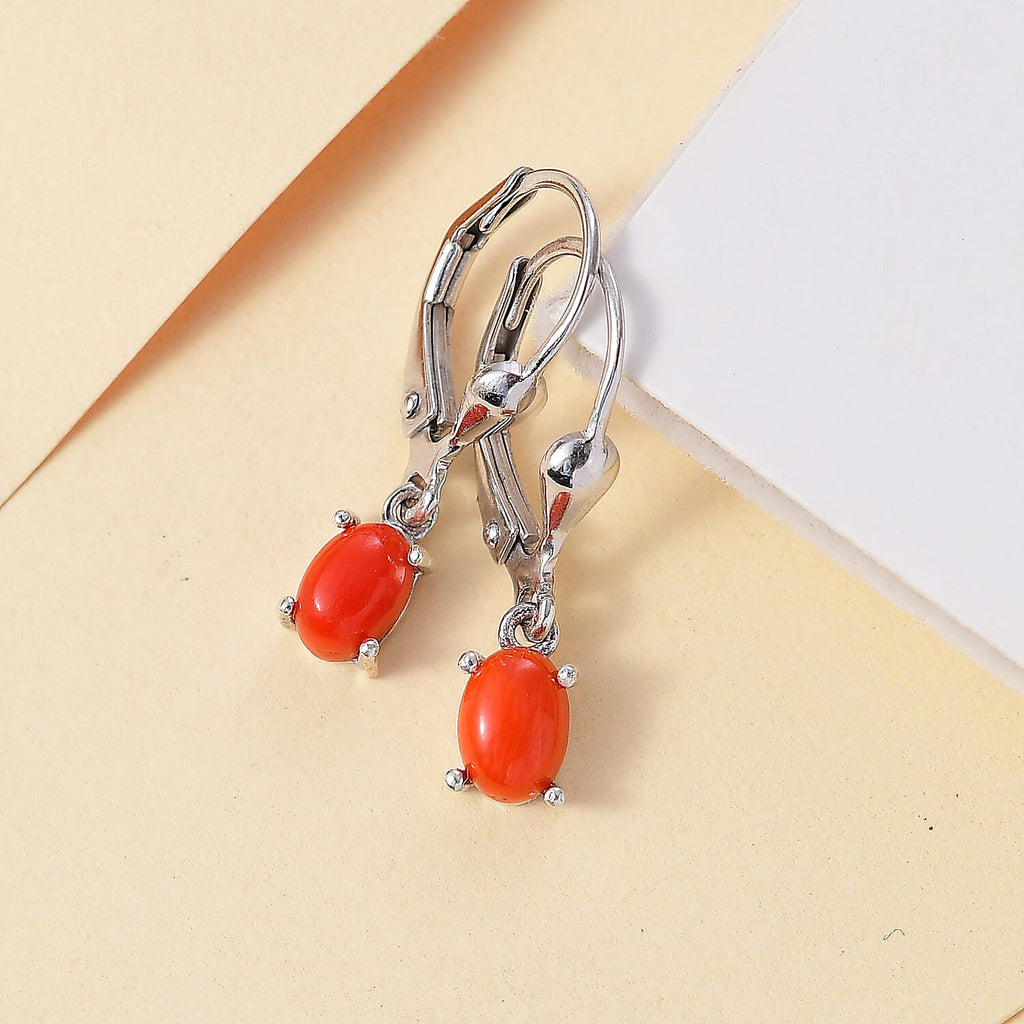 Coral  Solitaire Lever Back Earring in Platinum Overlay Sterling Silver 1.112  Ct.