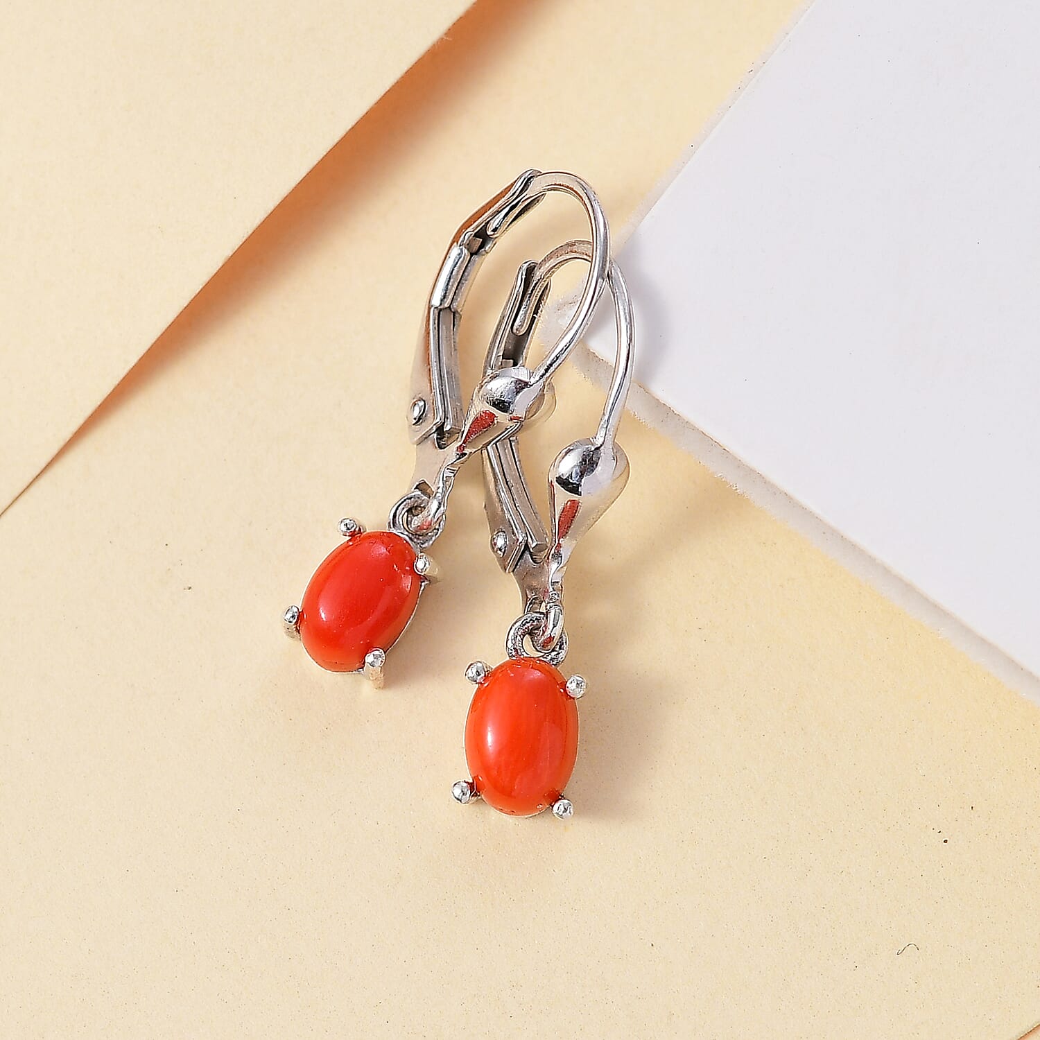 Coral Solitaire Lever Back Earrings in Platinum Overlay Sterling Silver 7938602 2