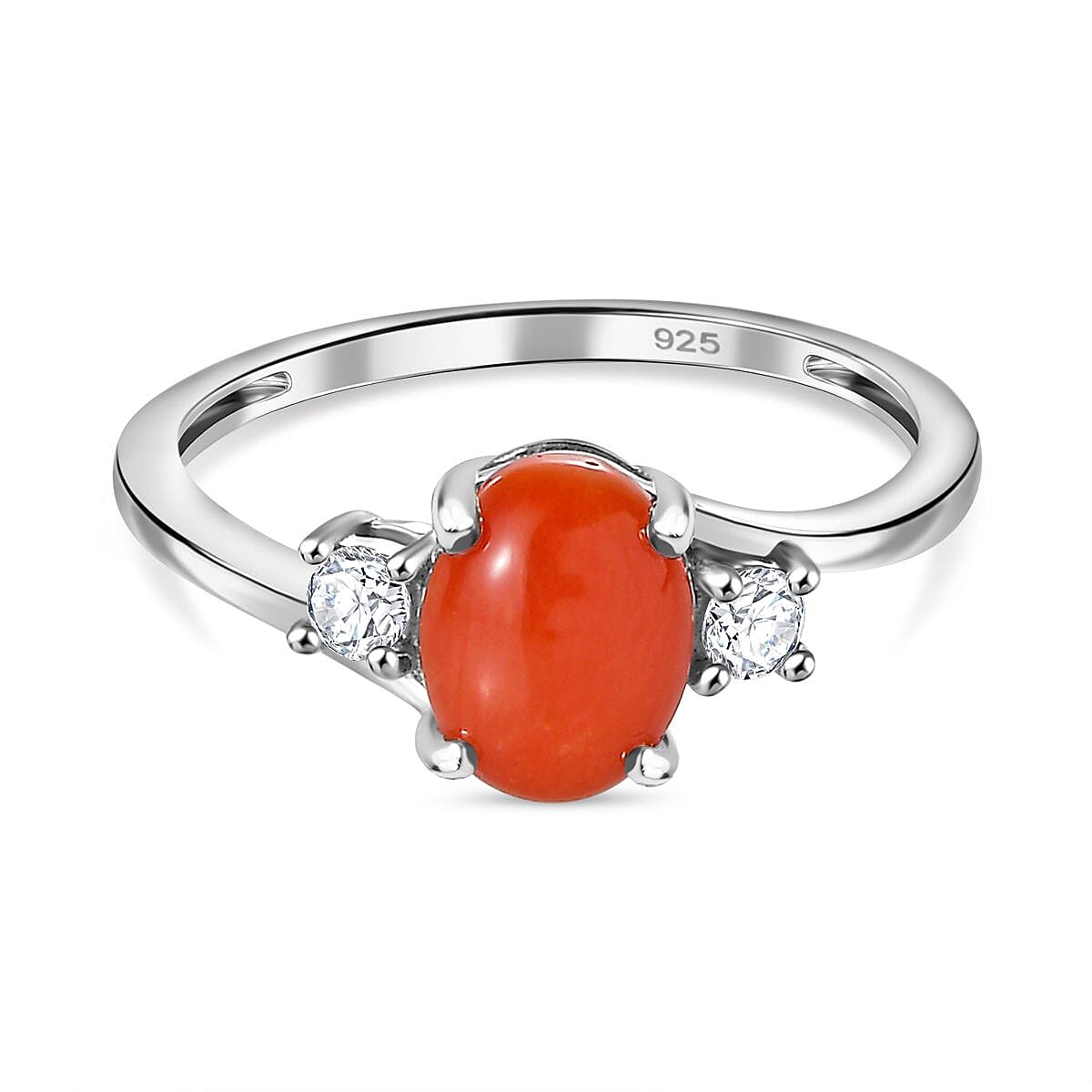 Coral ,  White Zircon  Main Stone With Side Stone Ring in Platinum Overlay Sterling Silver 1.10 ct  1.183  Ct. 7799001 0
