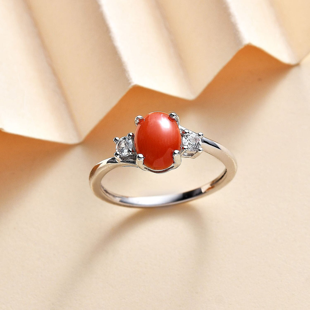 Coral ,  White Zircon  Main Stone With Side Stone Ring in Platinum Overlay Sterling Silver 1.10 ct  1.183  Ct. 7799001 2