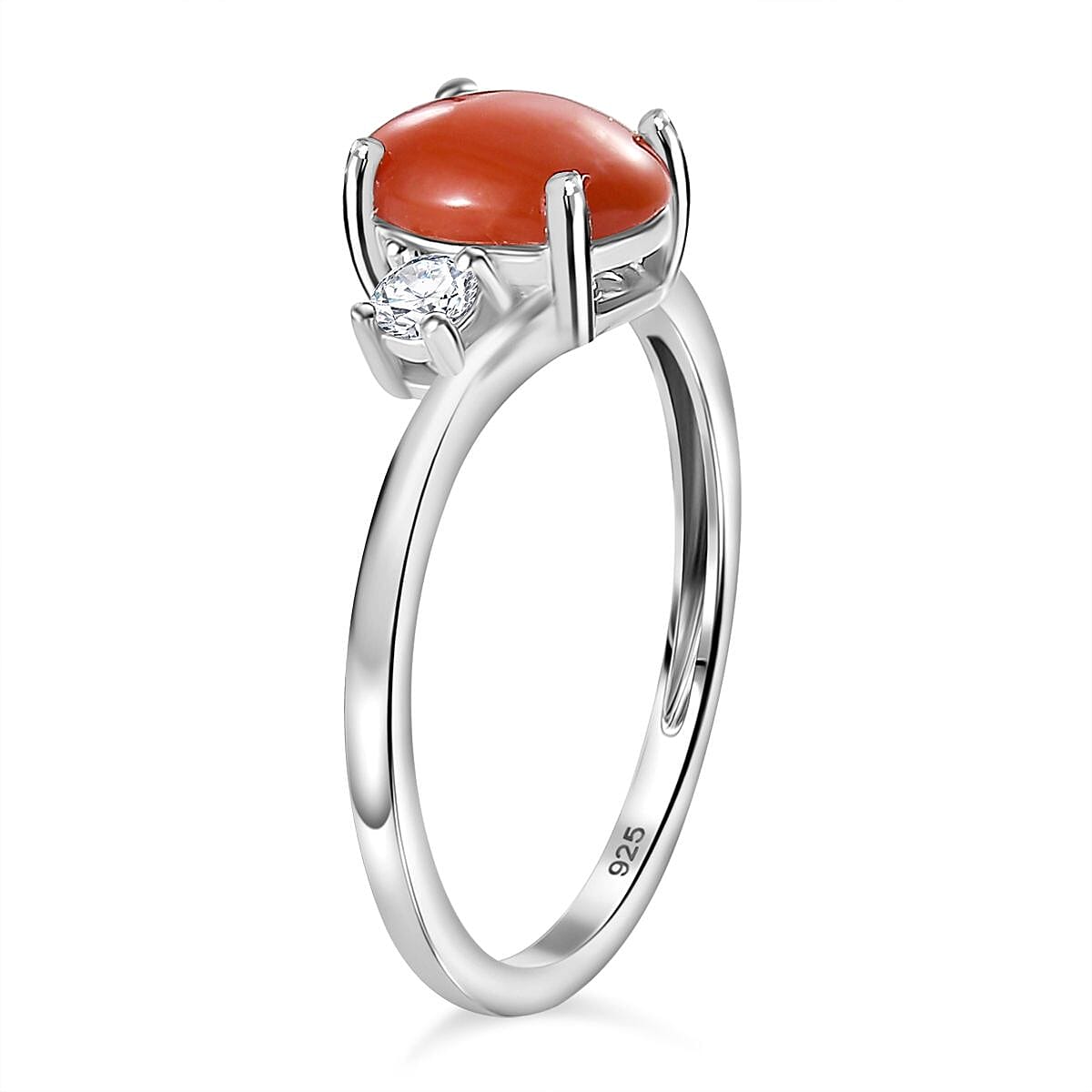 Coral ,  White Zircon  Main Stone With Side Stone Ring in Platinum Overlay Sterling Silver 1.10 ct  1.183  Ct. 7799001 4