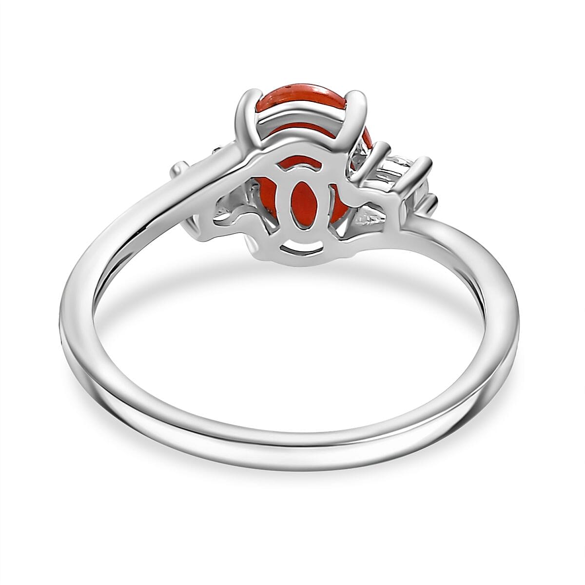 Coral ,  White Zircon  Main Stone With Side Stone Ring in Platinum Overlay Sterling Silver 1.10 ct  1.183  Ct. 7799001 5