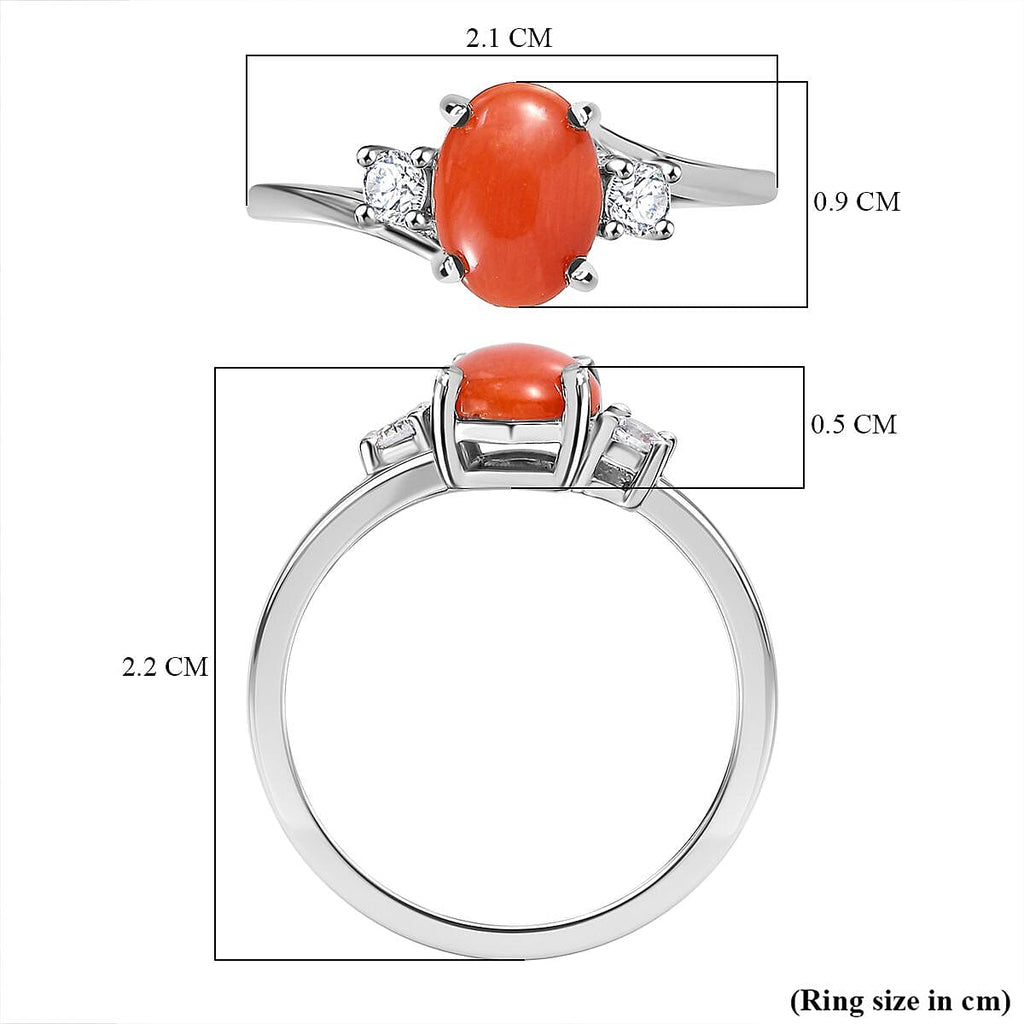 Coral ,  White Zircon  Main Stone With Side Stone Ring in Platinum Overlay Sterling Silver 1.10 ct  1.183  Ct.