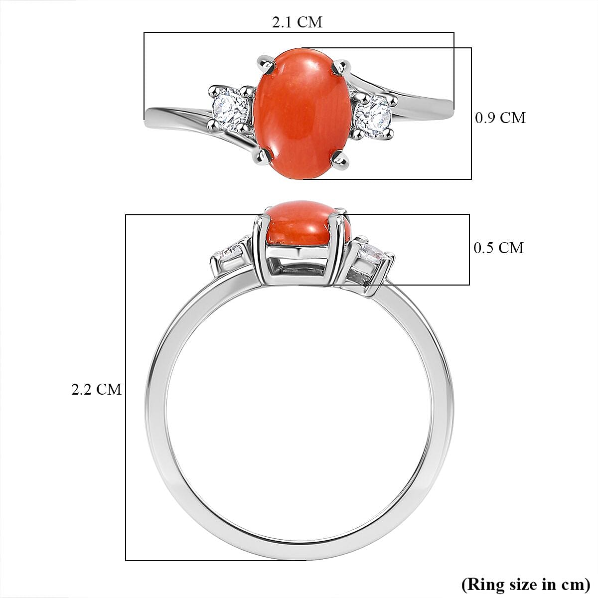Coral ,  White Zircon  Main Stone With Side Stone Ring in Platinum Overlay Sterling Silver 1.10 ct  1.183  Ct. 7799001 6