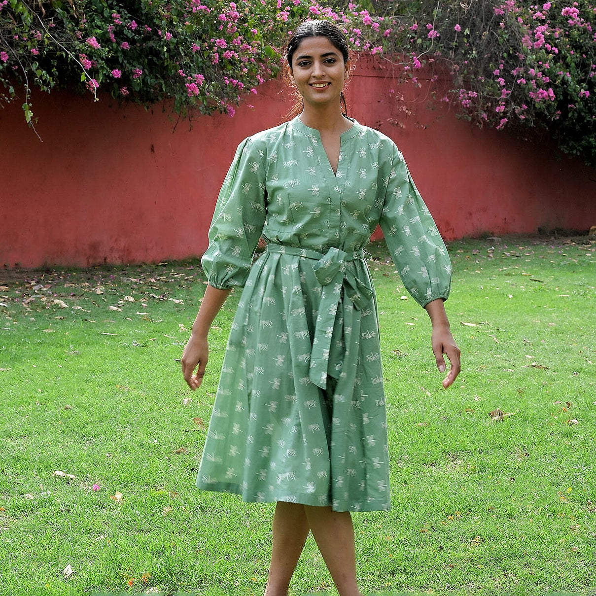 LA Marey Signature Pure Cotton Cambric Hand Block Printed Dress with Belt 7989702 0