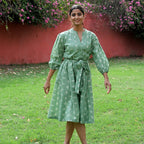 LA Marey Signature 100% Cotton Cambric Hand Block Printed Dress with Belt (Size L) - Green