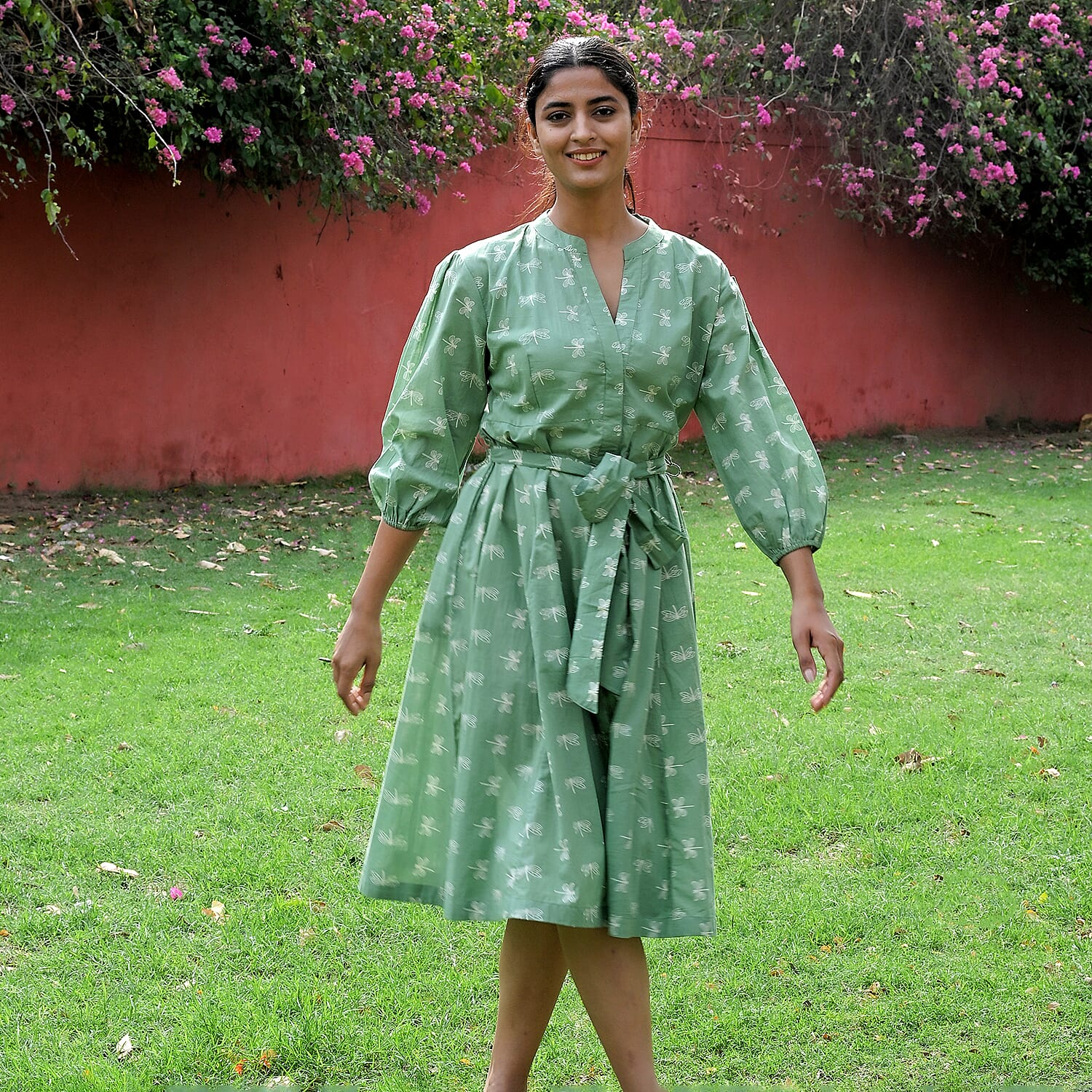 LA Marey Signature Pure Cotton Cambric Hand Block Printed Dress with Belt 7989702 0