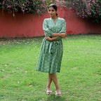 LA Marey Signature 100% Cotton Cambric Hand Block Printed Dress with Belt (Size L) - Green