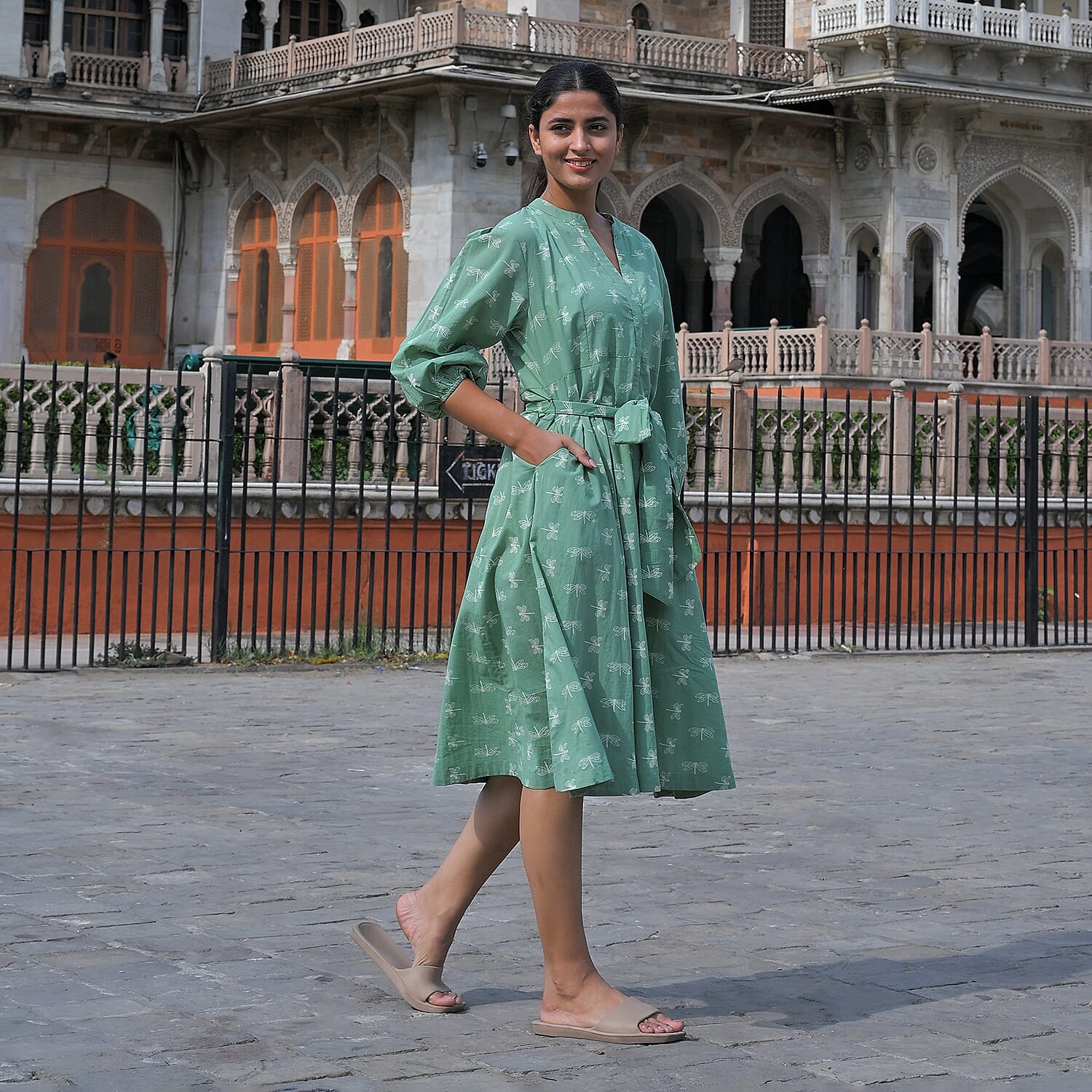 LA Marey Signature Pure Cotton Cambric Hand Block Printed Dress with Belt 7989702 3