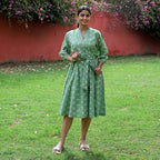 LA Marey Signature 100% Cotton Cambric Hand Block Printed Dress with Belt (Size L) - Green