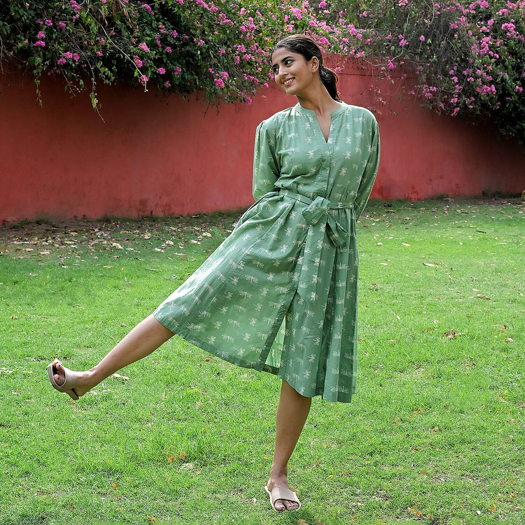 LA Marey Signature 100% Cotton Cambric Hand Block Printed Dress with Belt (Size L) - Green