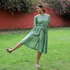 LA Marey Signature 100% Cotton Cambric Hand Block Printed Dress with Belt (Size L) - Green