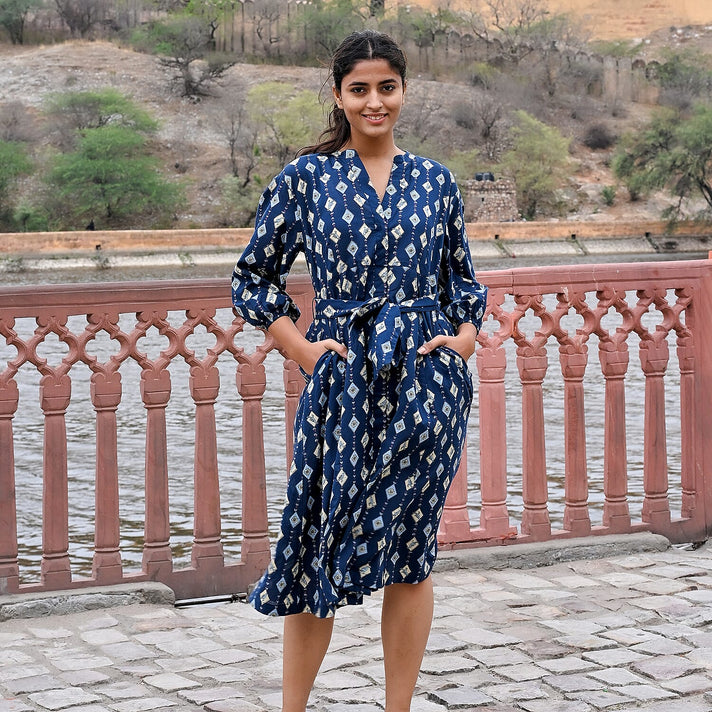 LA Marey Signature Pure Cotton Cambric Hand Block Printed Dress with Belt 7983532 1