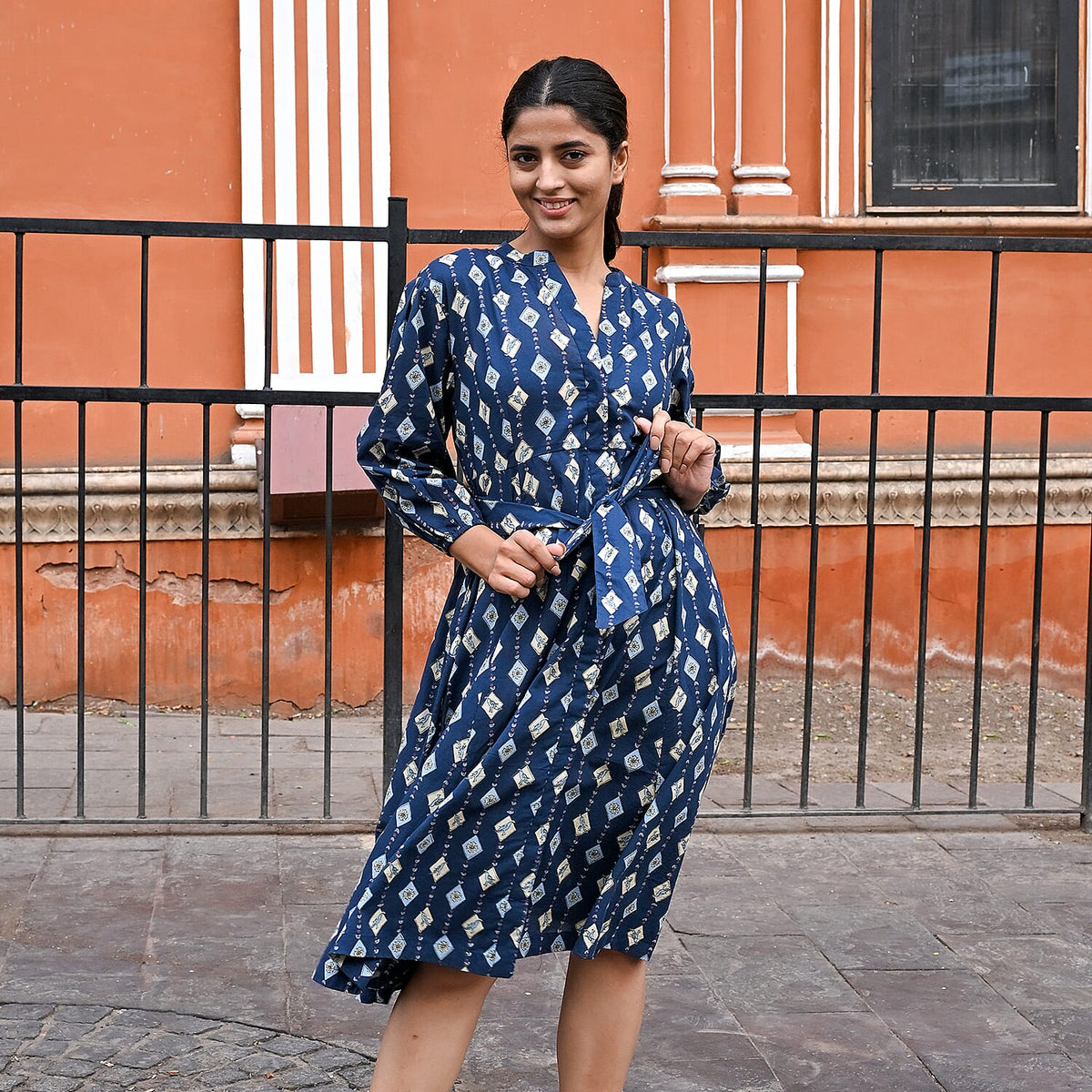 LA Marey Signature Pure Cotton Cambric Hand Block Printed Dress with Belt 7983532 4