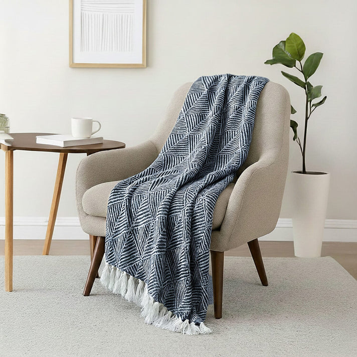 Cotton Chevron Throw Blanket (Size 130x160 cm) - Navy &amp; Grey 8129598 1