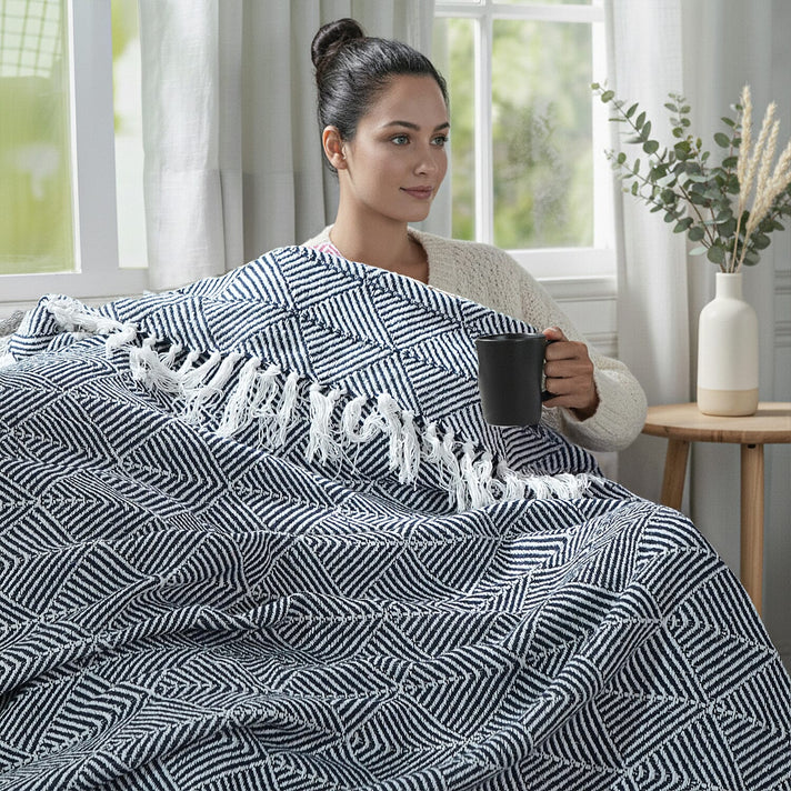 Cotton Chevron Throw Blanket (Size 130x160 cm) - Navy &amp; Grey 8129598 2