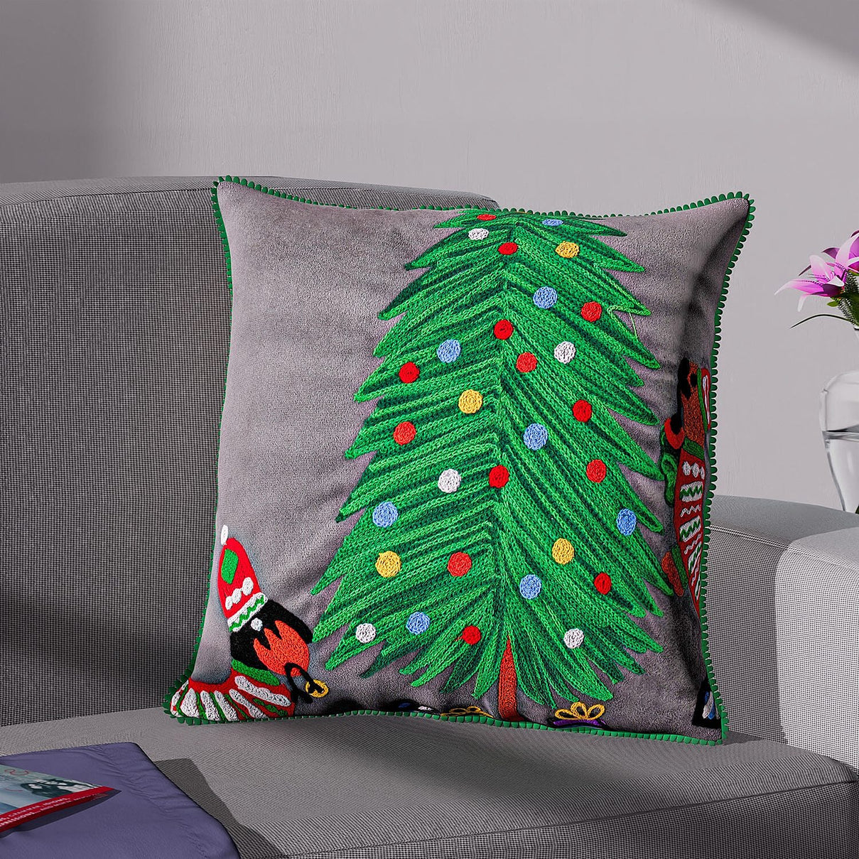 Cotton Christmas Tree-Dogs Embroidered Cushion Cover (Size 45 Cm) - Dark Grey 8962103 0