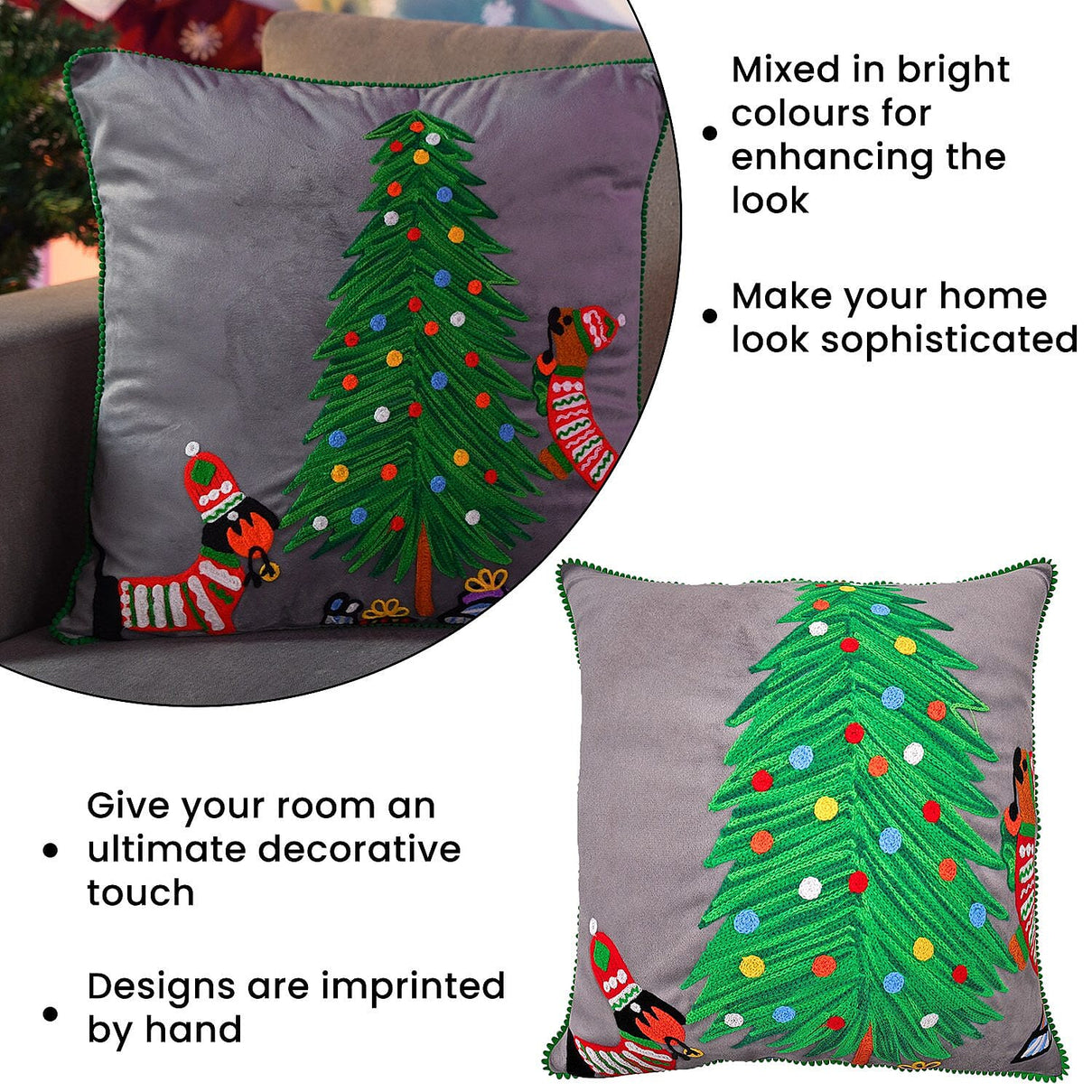Cotton Christmas Tree-Dogs Embroidered Cushion Cover (Size 45 Cm) - Dark Grey 8962103 2