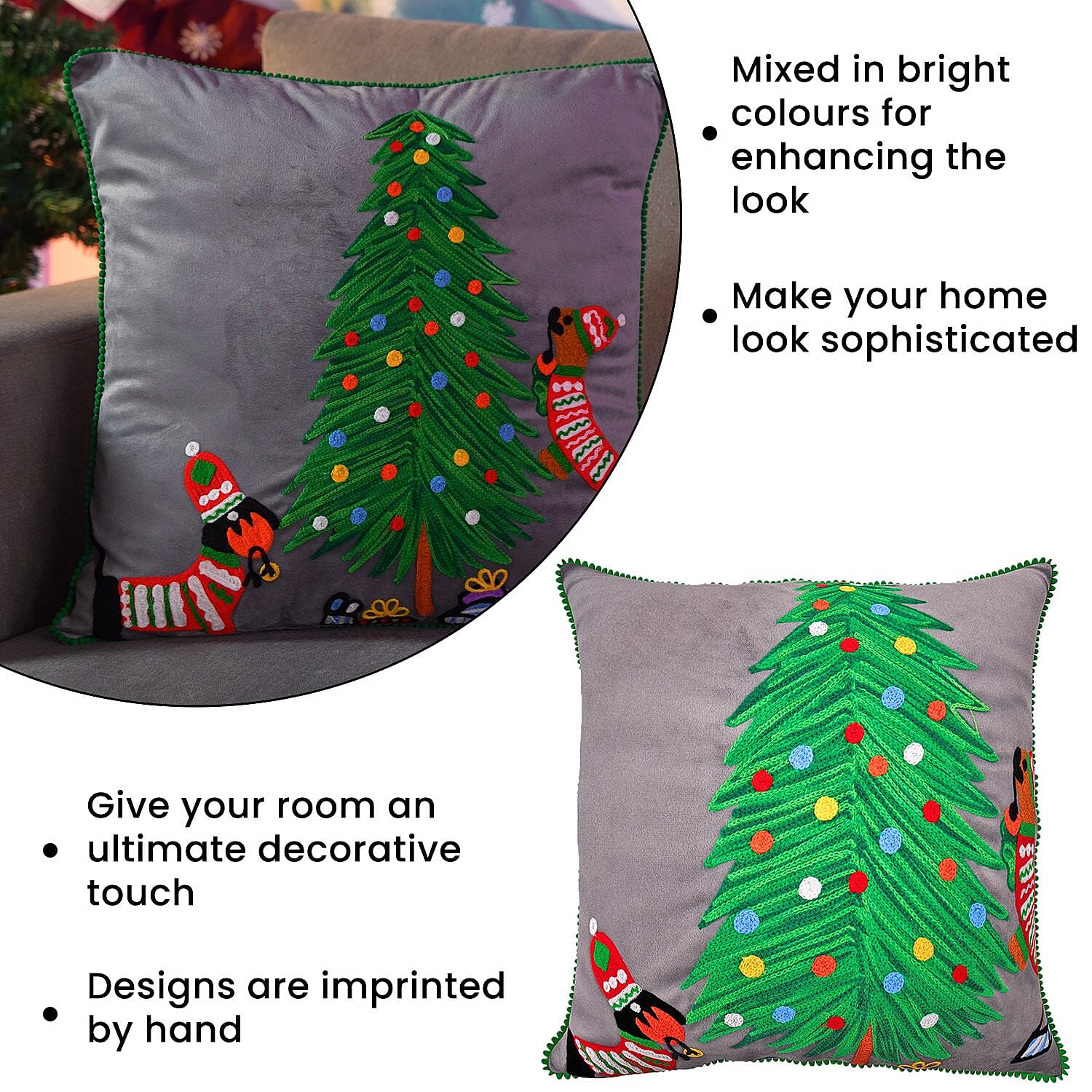 Cotton Christmas Tree-Dogs Embroidered Cushion Cover (Size 45 Cm) - Dark Grey 8962103 2